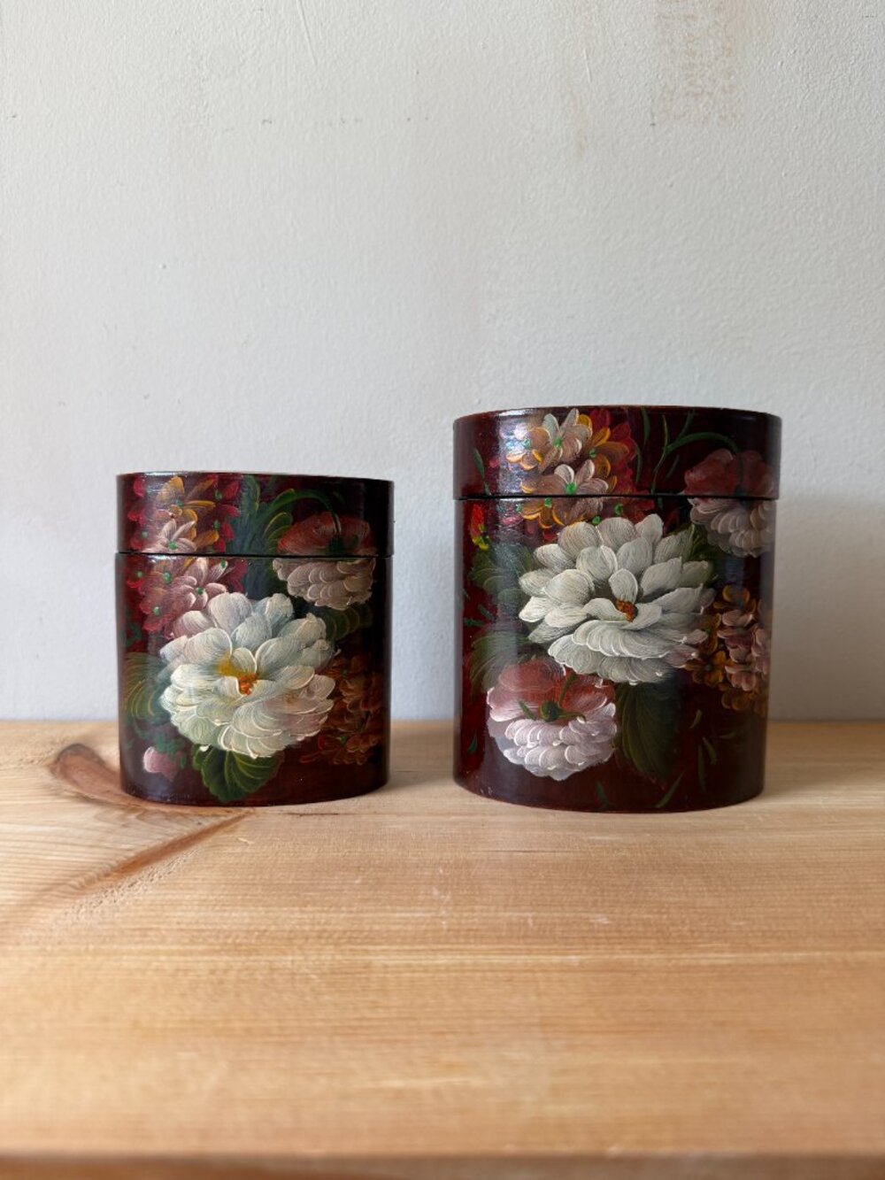 Vintage Lacquered Paper Mache Oval Nesting Boxes Hand Painted Floral